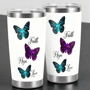 Inspirational Faith Hope Love Butterfly Design 20oz Stainless Steel Cup, Leakproof, Vacuum Insulated Tumbler, Thermos Cup with Lid, Reusable Drinking Cup, Water Bottle for Iced Coffee, Cold Drinks, Perfect Gift