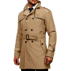 PASLTER Mens Trench Coat Slim fit Double Breasted Notched Lapel Belted Windbreaker Long Jacket Casual Windproof Overcoat Overgarment Menswear