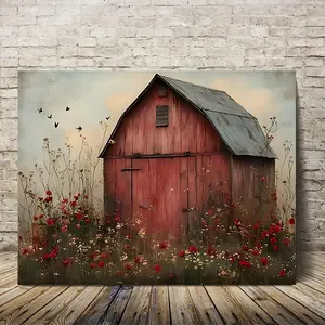 1 Piece Country Style Farmhouse Wall Art, Artwork - Canvas Print with Old Red Barn and Wildflowers in Solid Wood Frame, Waterproof and Durable 2D Flat Print, Includes Hanging Decoration for Home Decor, Suitable for Bathroom, Easter Gift for Him or Her