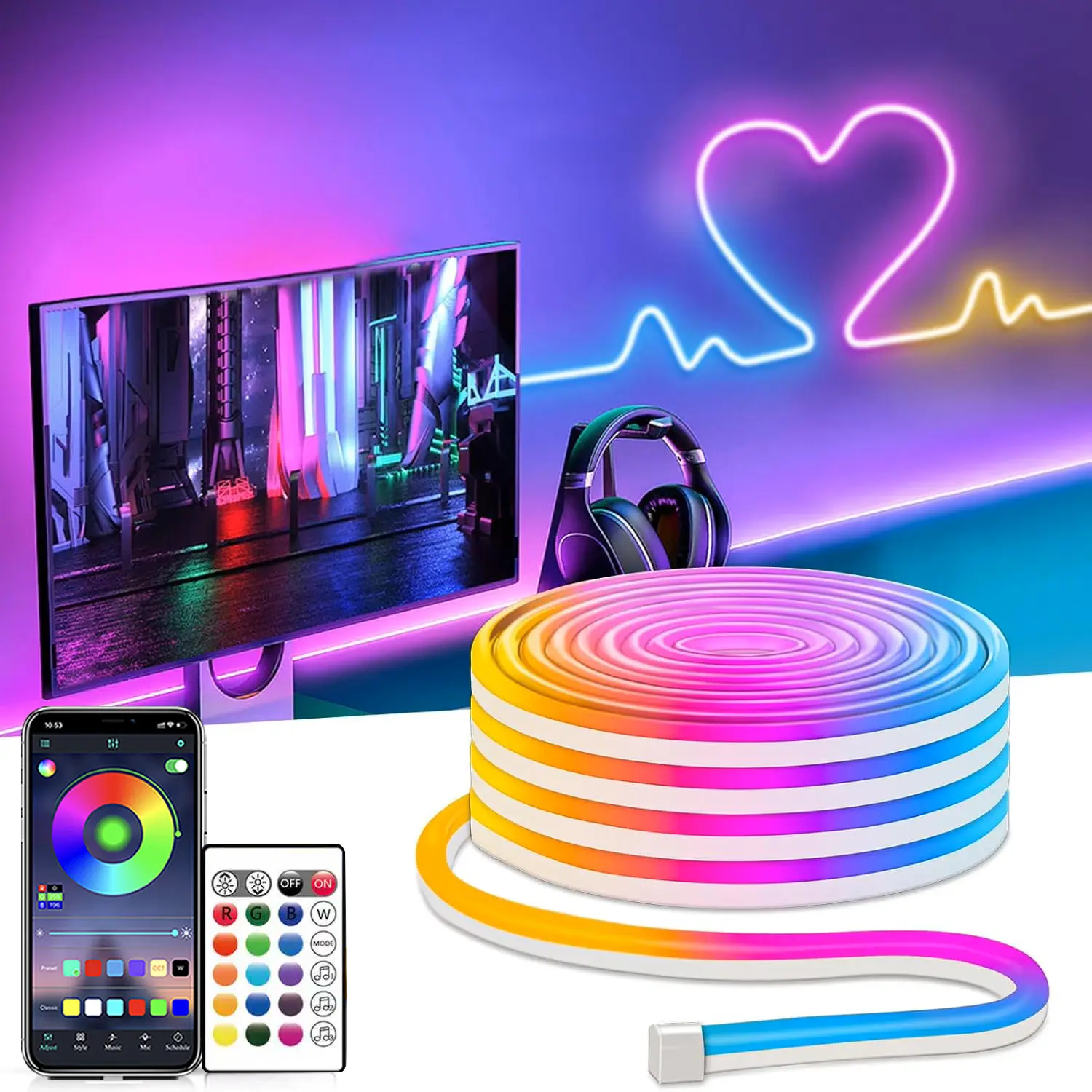 16.4FT Led Neon Rope Lights, Flexible Neon Strip Lights Control with App/Remote, Multiple Modes, IP65 Outdoor RGB Waterproof, Music Sync Gaming Light Strip for Bedroom/Living Room/Wall Decor summerwins
