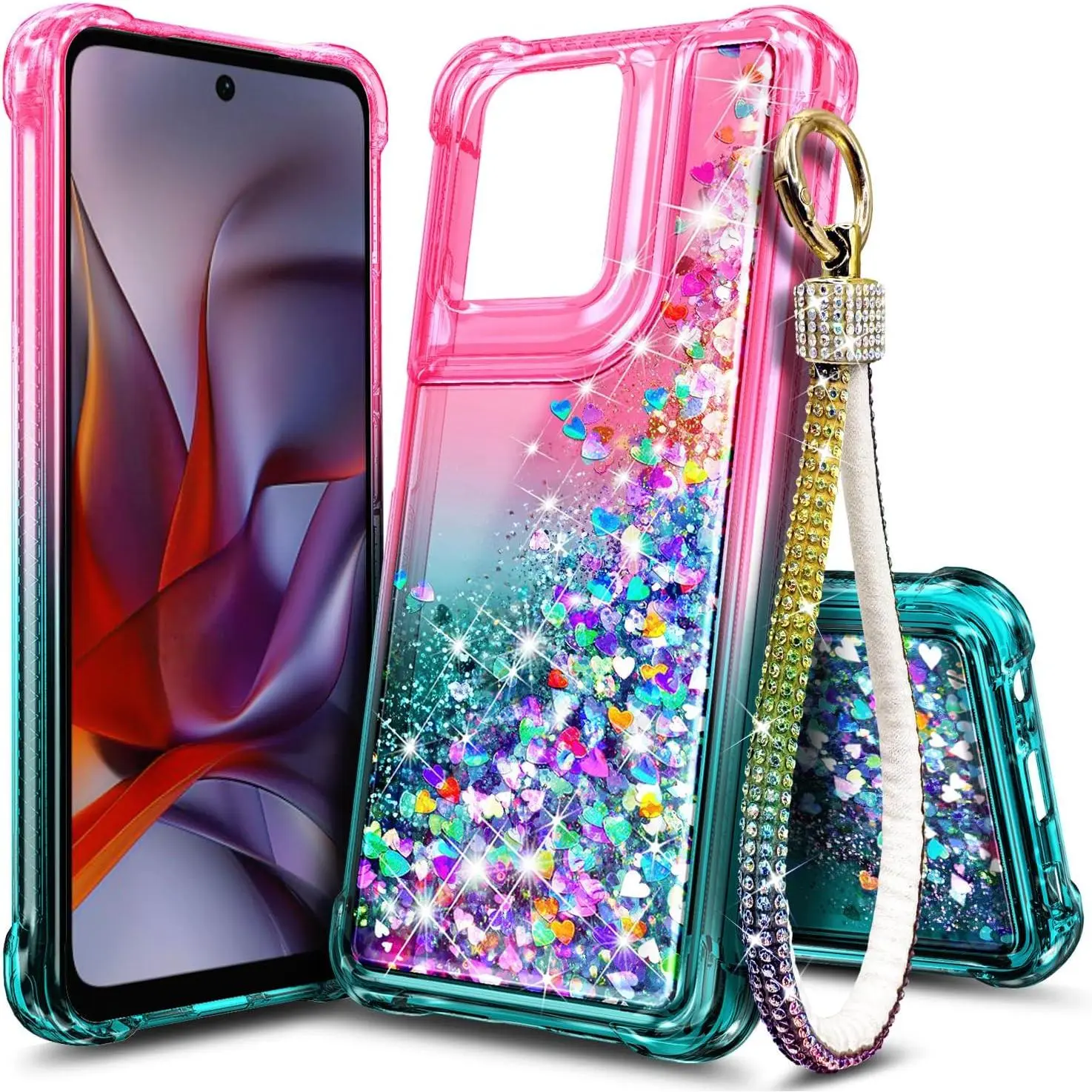 Women's Moto G Stylus 2025 Smartphone Case, Bling Sparkly Crystal Floating Liquid Waterfall TPU Shock Absorbs Drops Cover with Leak-Proof Diamond Wrist Crystal Straps - Cellphone Accessories
