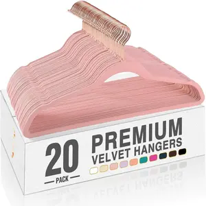 Pink Velvet Hangers 20 Pack, Premium Non-Slip Felt Clothes, Sturdy Heavy Duty Coat, Durable Hangers for Suits, Space Saving with No Hanger Mark, 360° Swivel Rotating Rose Gold Hook