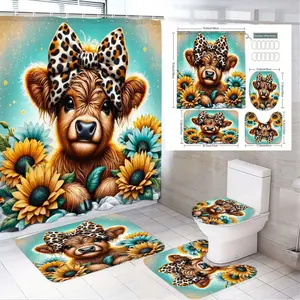1/4pcs Adorable Highland Cow Shower Curtain Set with Sunflowers and Teal Daisies – Perfect Western-Themed Bathroom Decor for Rustic Spring and Summer Vibes – Bright Turquoise Background with Golden Accents, Coordinating Bath Mats and Toilet Lid Cover Incl
