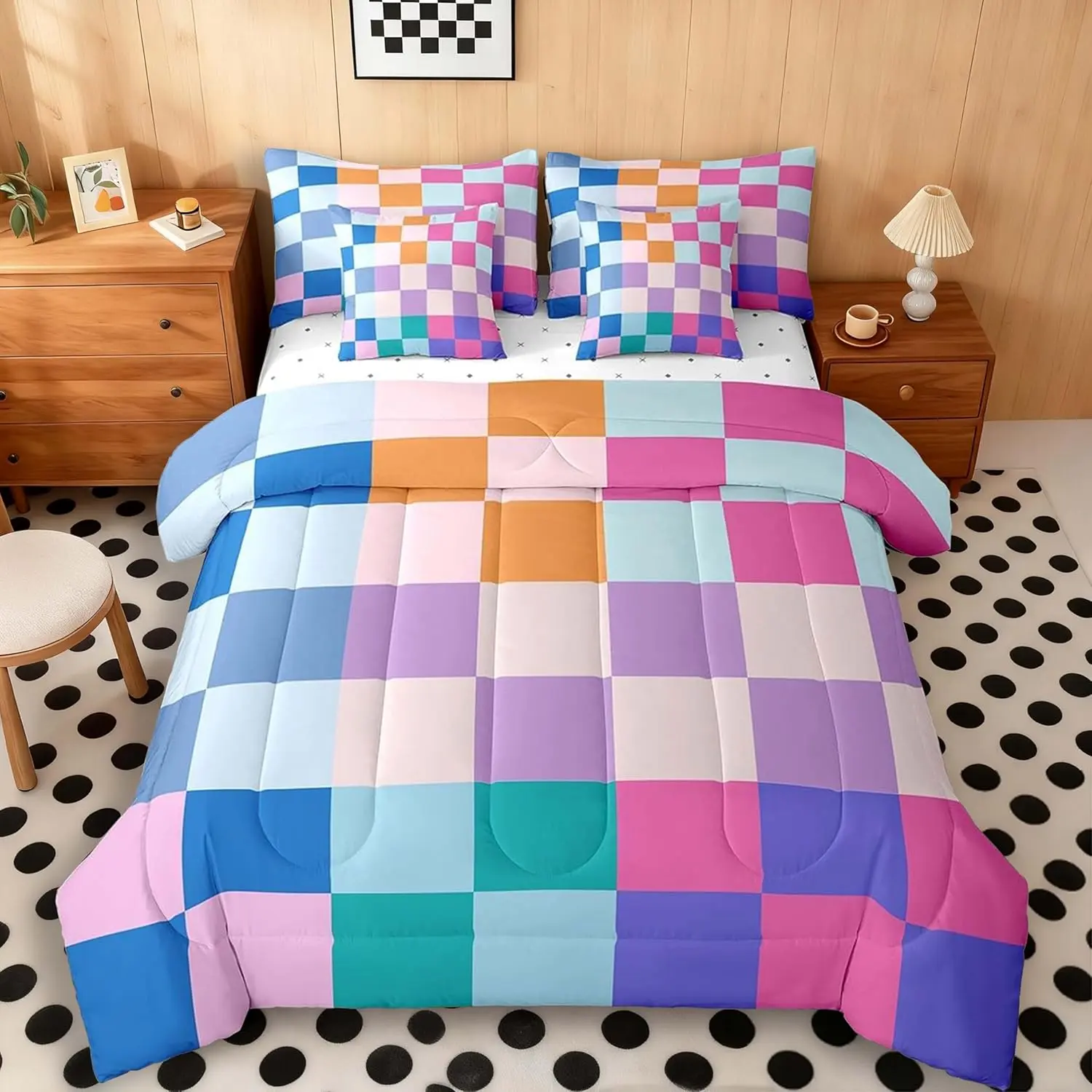Plaid Bedding Set 7Pcs Checkerboard Grid Comforter Set with Sheets Checkered Geometric Bed in a Bag Soft Lightweight,Microfiber