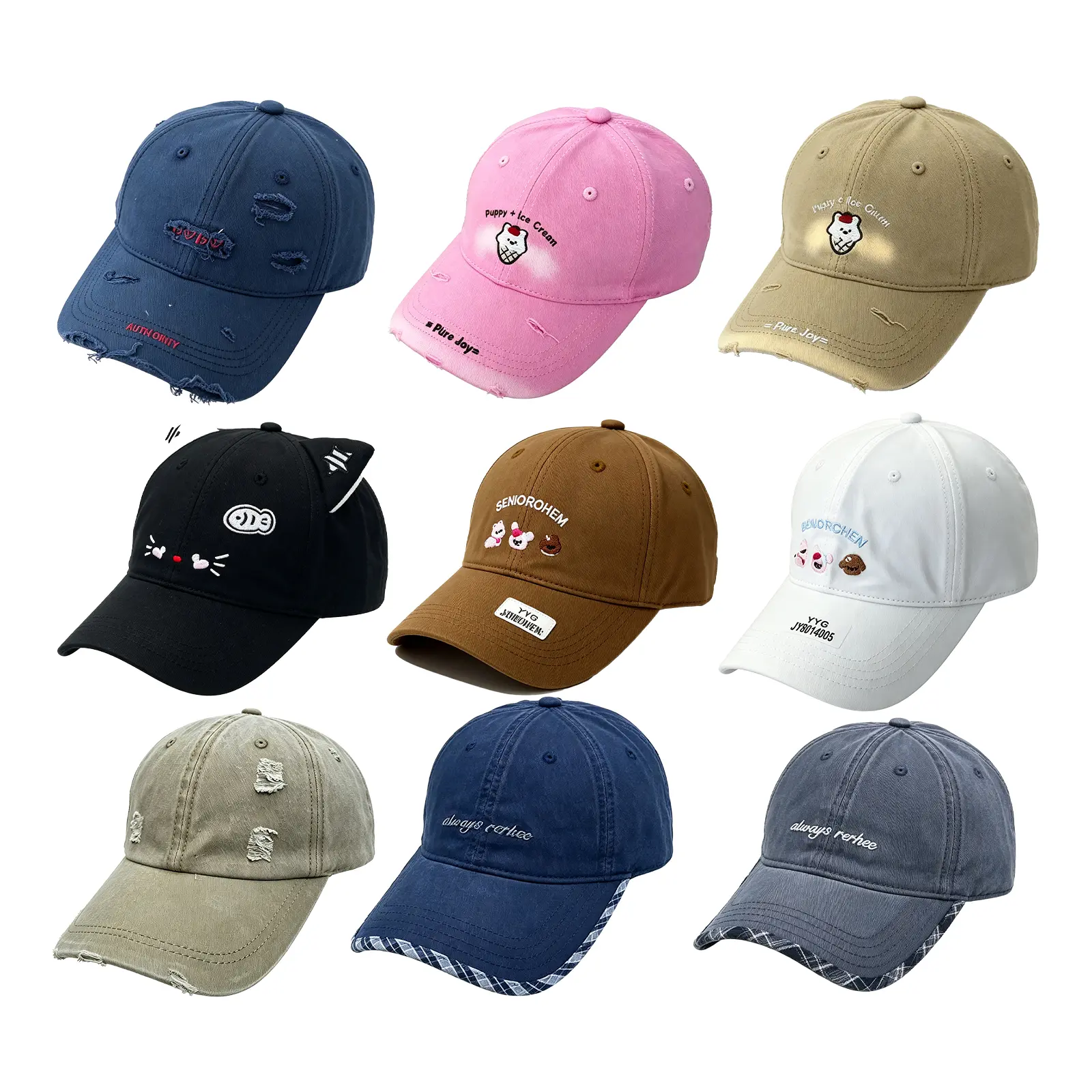 9Pcs Unisex Distressed Washed Cotton Baseball Caps, Cute Cartoon Embroidery Adjustable Dad Hats, Vintage Ripped Soft Low Profile Trucker Hat for Men Women Daily Outdoor