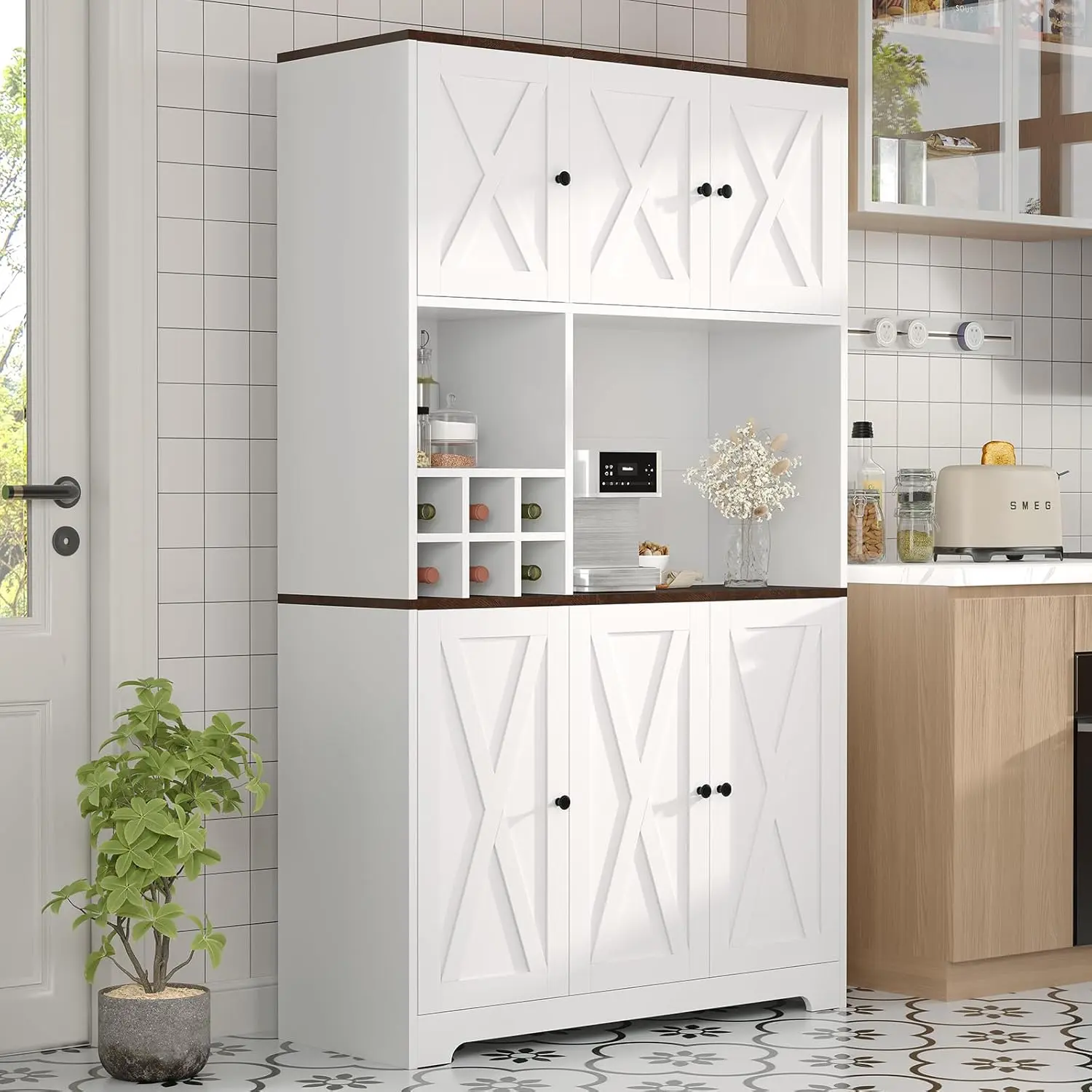 71" Tall White Wood Kitchen Pantry Cabinet - 41.7" W x 15.75" D x 70.9" H Engineered Wood Freestanding Hutch, Modern Farmhouse Rectangular Cupboard with Charging Station, Microwave Stand, Drawers, Wine Bar Storage for Heavy Dishware (Assembly Required)