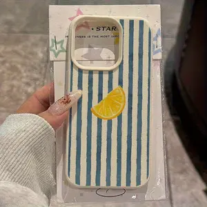 Pebbled TPU Flexible Smartphone Casing - Blue Stripe Lemon Theme Cover, Protective Cellphone Accessory for iPhone 16,15,14,13,12,11 Pro Max, Multi-Model Family Gift