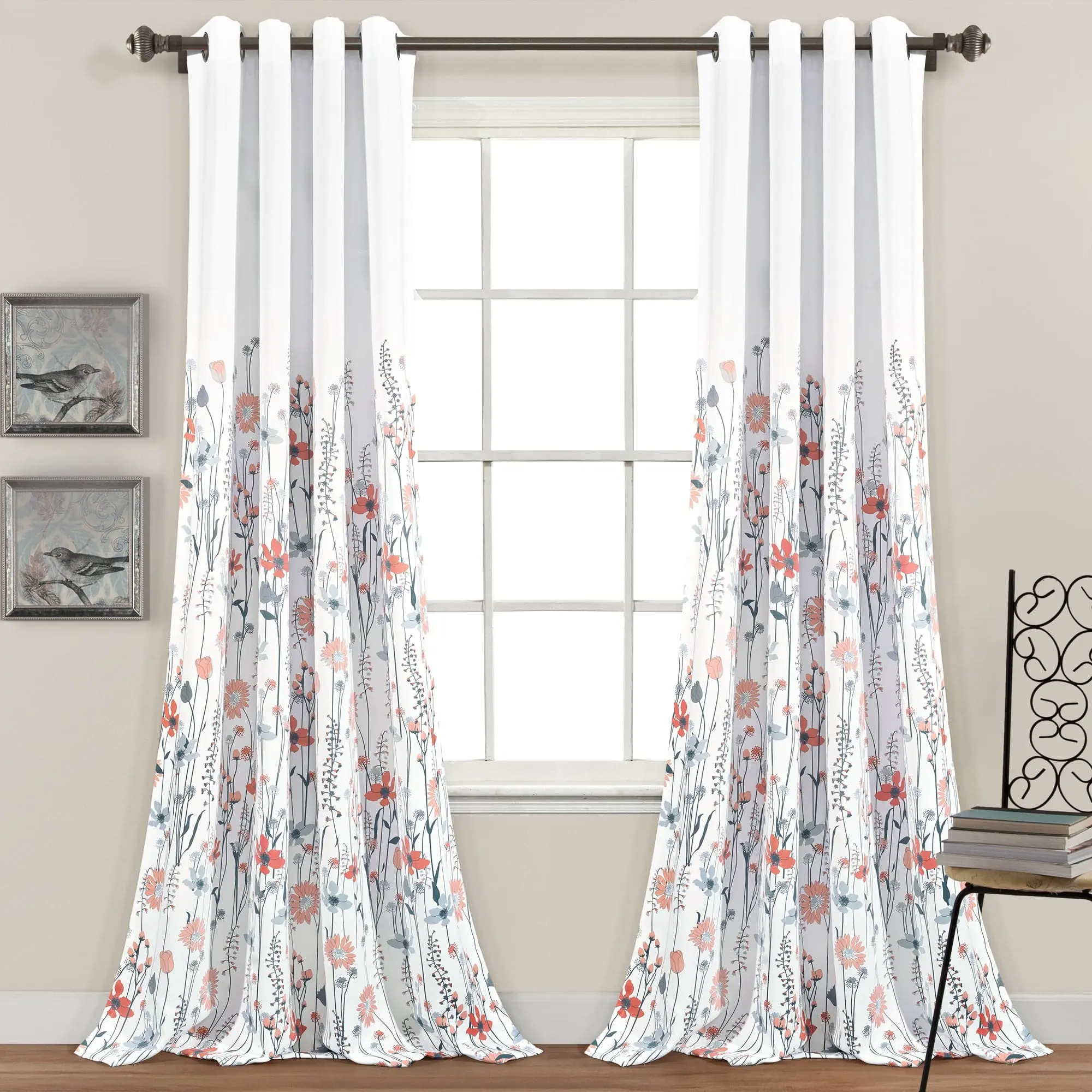Lush Decor Clarissa Floral Window Drapes Set, Traditional 2-Panel Metal Grommet Curtains, 52"W x 84"L/95"L, Light Blue Floral Print, Filters ~70% Natural Light, 100% Polyester, Shutter Blinds Style