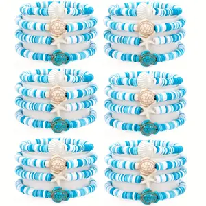 Set of 24Pcs Ocean-Themed Elastic Bracelets Featuring a Multi-Layer Design with Blue And White Colors, Adorned with Turtle Shell And Starfish Charms, Ideal for Everyday Use, Holiday Gifts, And Suitable for All Seasons