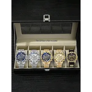 5PCS Men's Stainless Steel Strap Fashion Business Style Quartz Watch Set, Suitable For Daily Decoration And Holiday Gifts