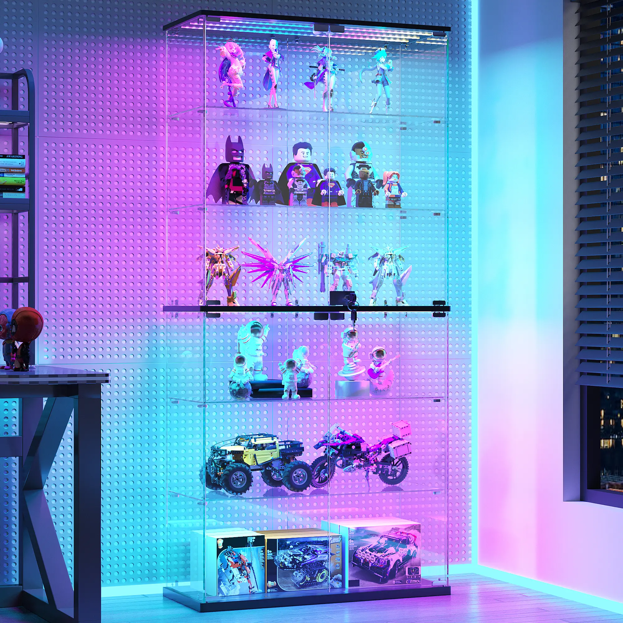 Dystler 70" Lockable Clear Glass Curio Display Cabinet with RGB LED Lights, 6-Tier Storage Shelves for Collectibles & Figures, Assembly Required