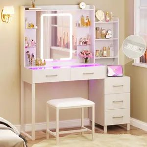 Vanity Desk with Mirror and LED Lights, 57.5" Makeup Vanity with Glass Top, Vanity with RGB Drawers, Power Outlet Safety Switch for Bedroom, White
