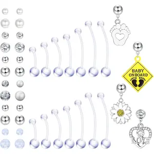 Plastic Pregnancy Belly Button Rings, Long Bar Flexible Clear Acrylic Bioplast Navel Rings, Sport Maternity Belly Piercing Retainer Jewelry 14G, 14/16/18/32/35/38mm