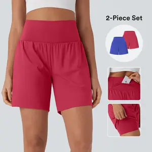 Halara 2-Piece Softlyzero Airy Super High Waisted 2-in-1 Cool Touch Yoga Shorts 7" with Pockets Set