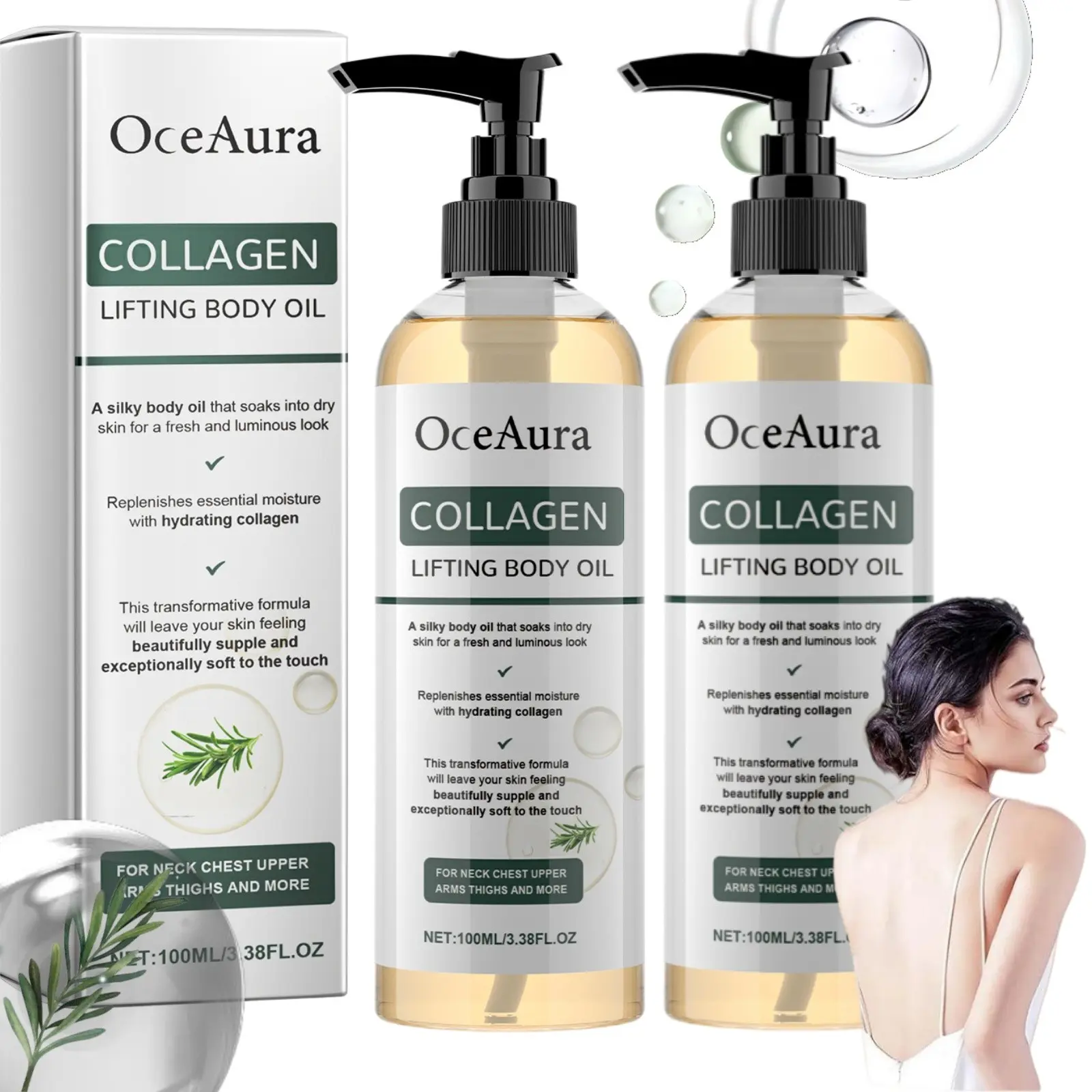 Unisex Collagen Lifting 2-Count Set, Hydrating Firming Lightweight Non-Greasy After-Shower Oil for Neck, Chest, Arms, Thighs (Beauty & Personal Care Bath & Body Care Body Oil)
