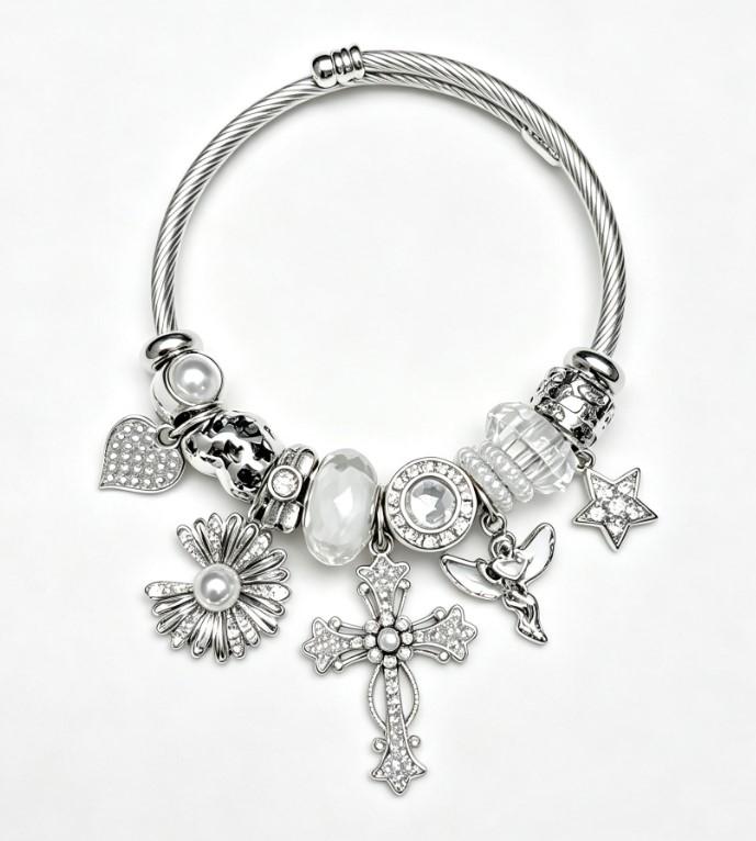 Silver Twisted Cable Open Bangle Bracelet, Rhinestone Cross Angel Daisy Pearl Star Heart Charms Beaded Bracelet, Vintage Elegant Jewelry Gift for Women Teen Girls