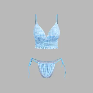 Cider V-neck Tartan Shirred Triangle Tie Side Bikini Set SwimWeek