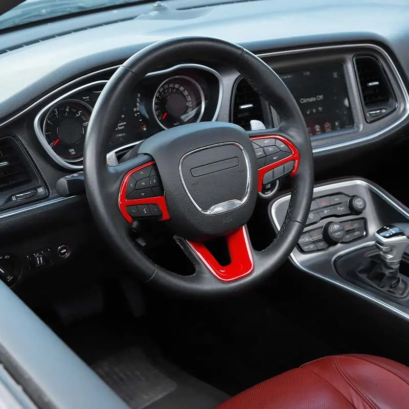 Car Steering Wheel Decor Cover Trim - High-Quality Laser-Cut ABS UV-Coating Automotive Interior Deco Sticker with Double Sided Tape, Accessory for Dodge Challenger/Charger 2015+, Durango 2014+, Jeep Grand Cherokee SRT8 2014-2020