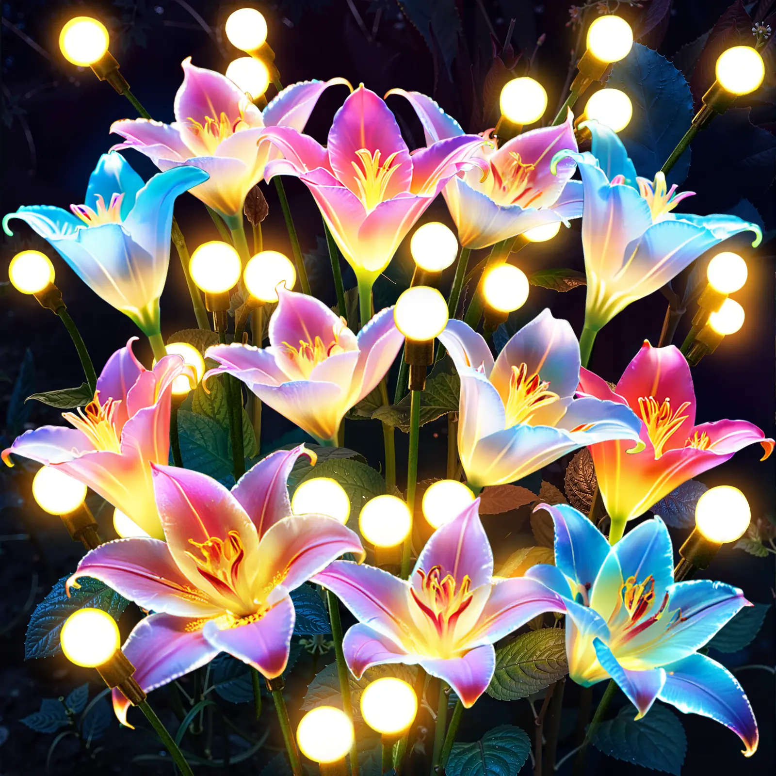 4 Pack Solar Garden Lights with Swaying Lily Flowers, 7 Color Changing Solar Flower Lights Outdoor Waterproof for Outside Yard Patio Garden Cemetery Decoration,Gifts