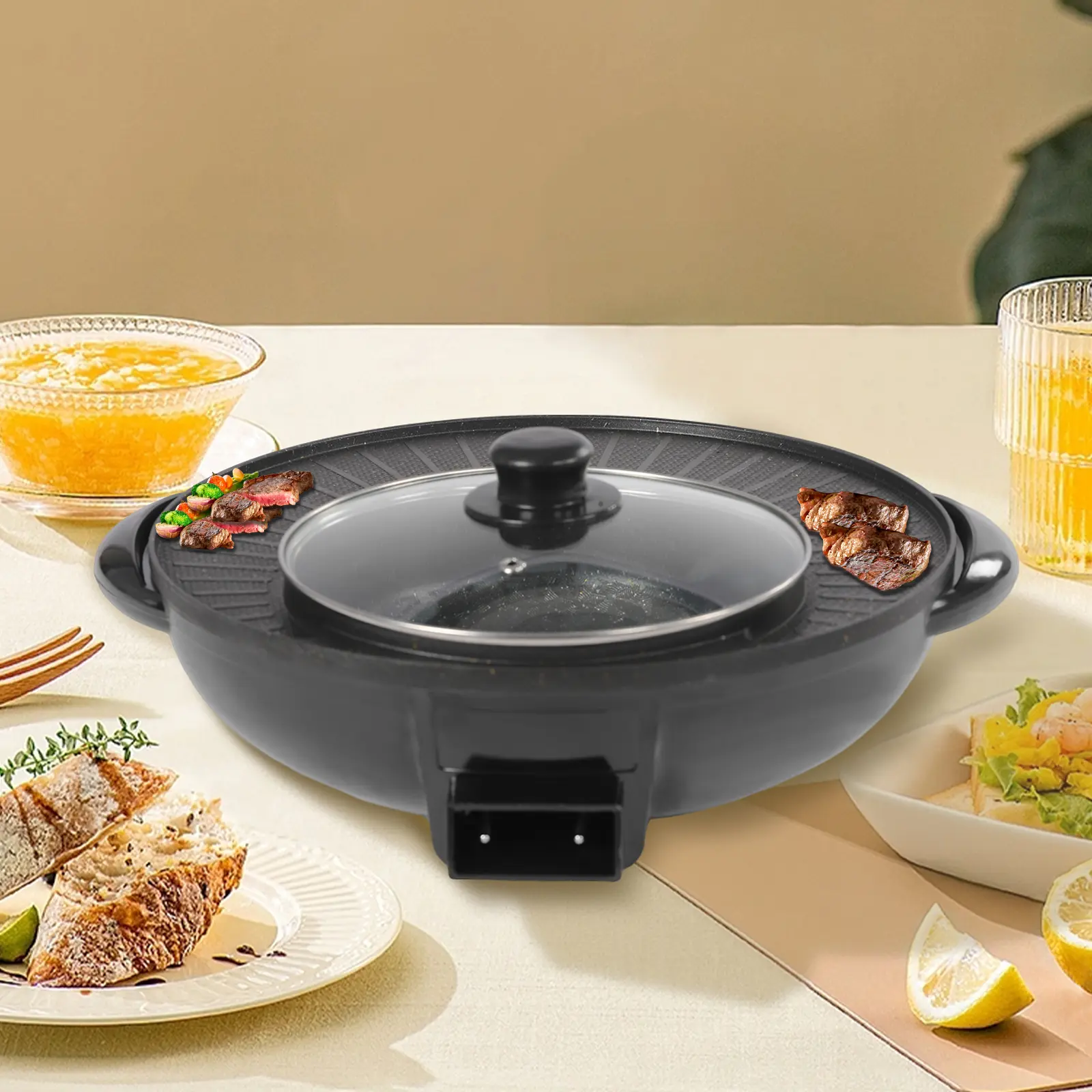 Corded Electric Divided Circle Cooking Pot - Durable Aluminum Korean Barbecue Grill with Annular Pipe Heat Spread, Less Smoke Oil Trap, Stable Indoor Family Steamboat Multifunctional Household Cooker, Multifunctional Cooker