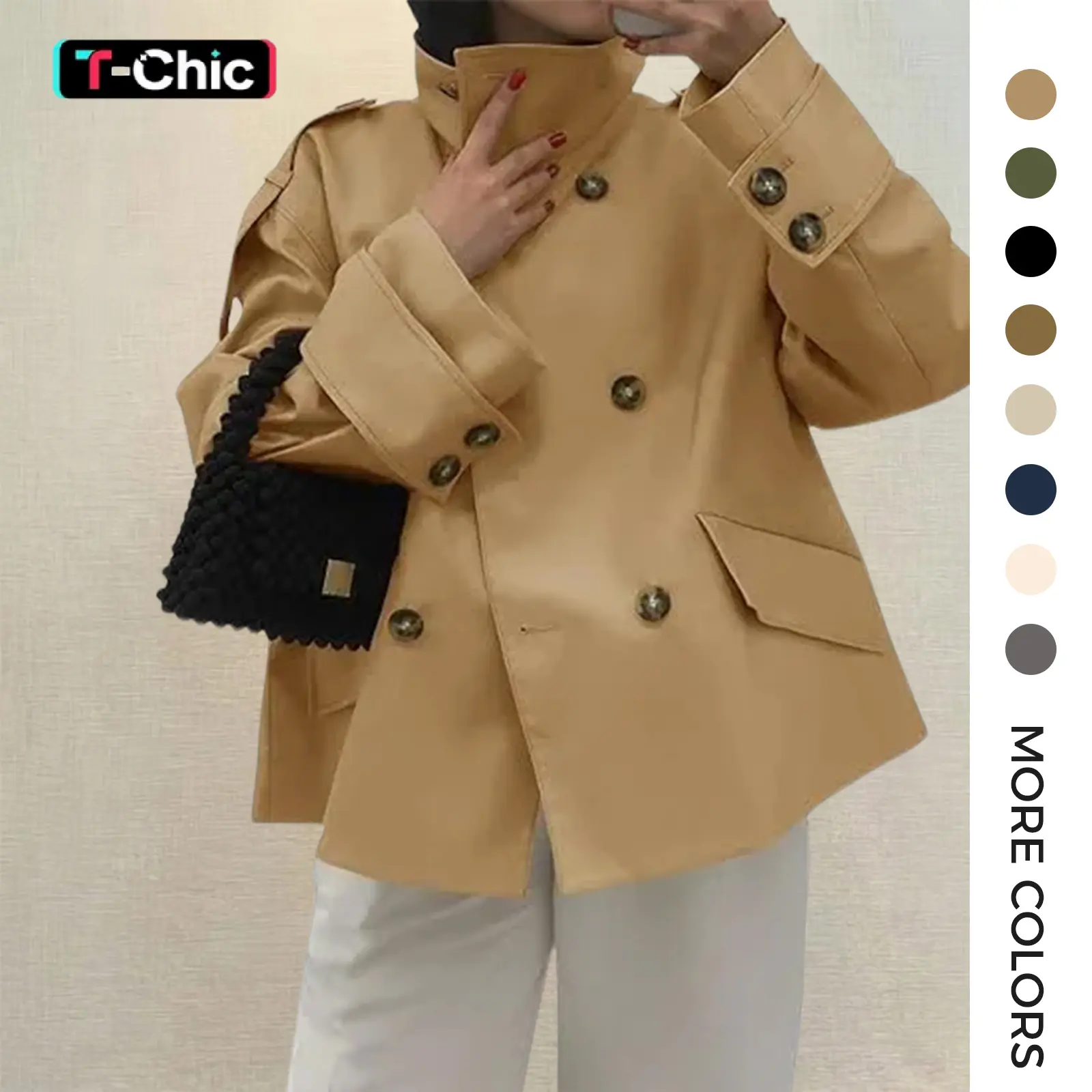 Tankaneo Women's Double-Breasted Collared Baggy Loose Cropped Trench Coat - Long-Sleeve Casual Business Outerwear, Women's Clothes Tops & Jackets