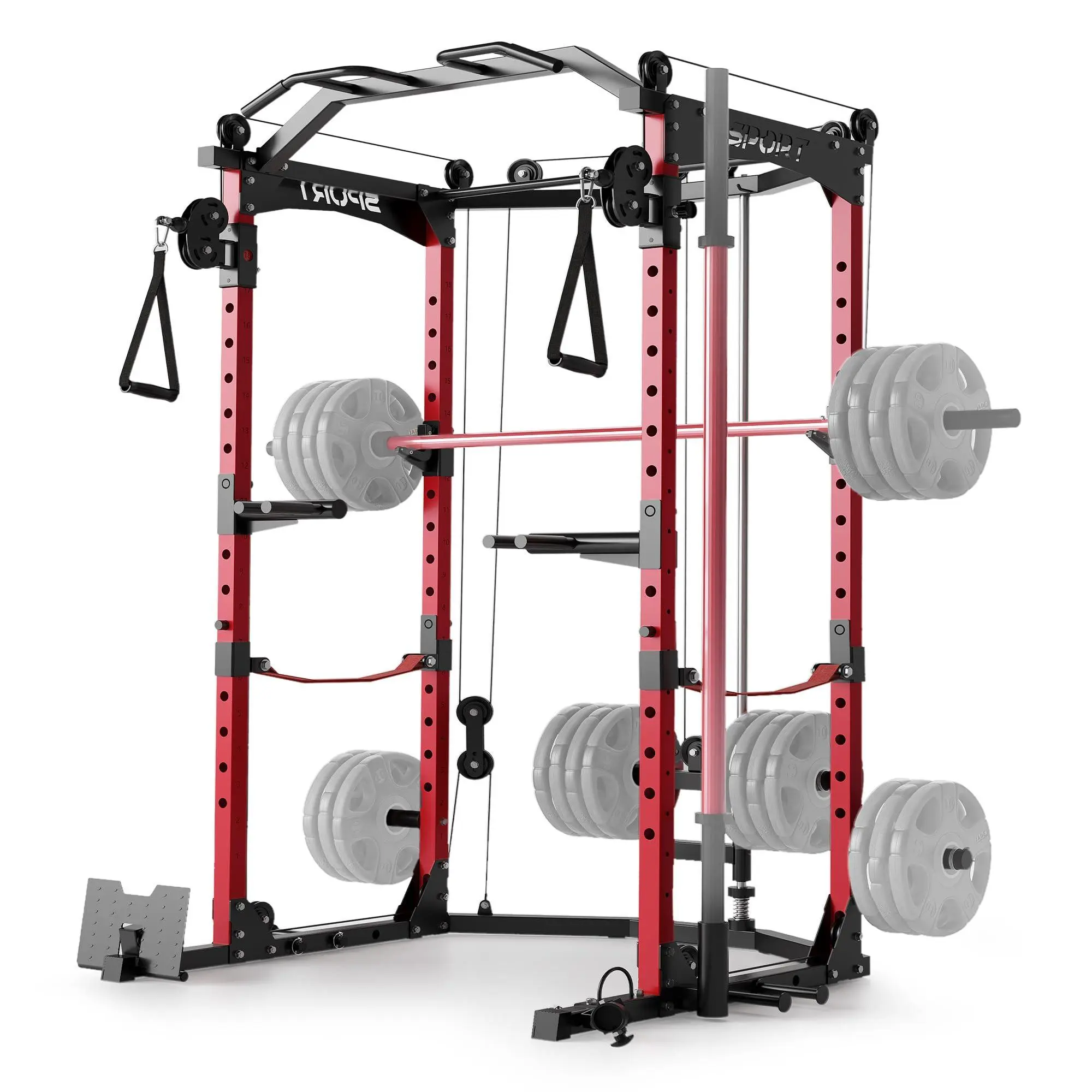 GARVEE 2000LBS Multi-Functional Home Gym Rack with Pulley System Gym, LAT Pulldown & Attachments for Full-Body Strength Training, Red-Black
