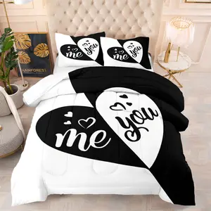 "King"  "Queen" Pattern Printed Comforter Set, Including 1/2 Coreless Pillowcase, Couple Theme Bedding Gift Set, Full of Romantic and Sweet Atmosphere in The Bedroom, Warm and Soft and Comfortable Bedding