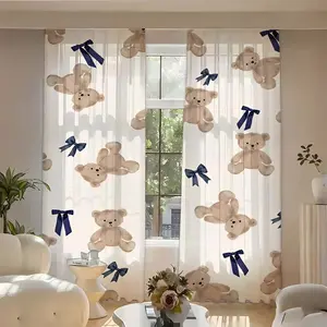 2pcs Bowknot and Bear Print Curtains, Blackout Curtains, Easy Install Curtain, Polyester Fabric, Kitchen Bedroom Office Living Room Decor, Door Curtain (rodless), Home Decoration Curtain
