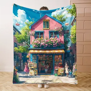 1PC Pink HousePrint Flannel Blanket Beautiful and Comfortable Warm Nap Blanket for Sofa, Bed, Office, Car, Camping Travel Blanket, Home Decoration - Four Seasons Gift