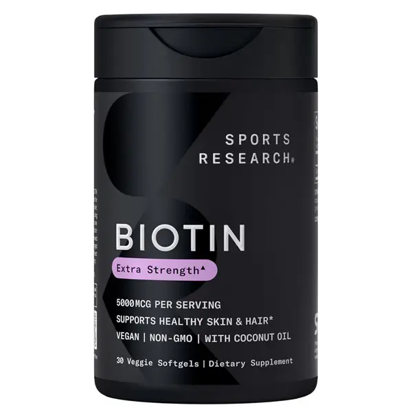 Sports Research® Biotin 5,000mcg with Organic Coconut Oil - Biotin (Vitamin B7) for Healthy Skin and Hair Support* - for Women and Men - Vegan, Non-GMO, Gluten & Soy-Free - 30 Veggie Softgels