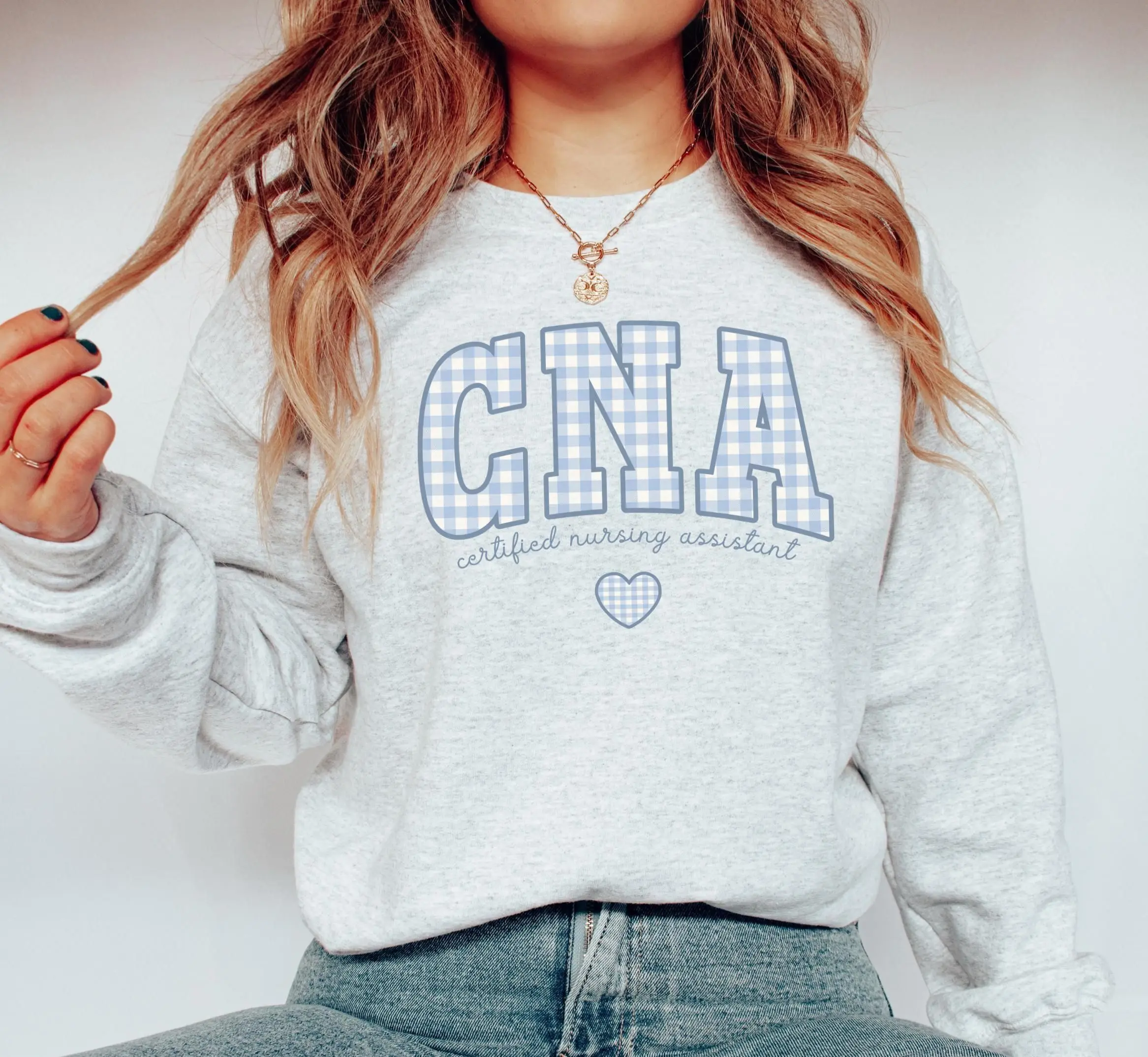 CNA T-Shirt, Sweatshirt & Hoodie – Certified Nursing Assistant Crewneck, Blue Gingham Nurse Graduation Outfit