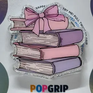 POPGRIP Mental Health Book Kindle Grip Glittery Resin Reader Phone Grip, Cute Pastel Books Design, Secure Folding Grip, Cozy Reading Accessory