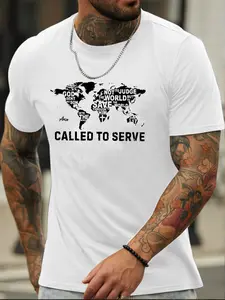 Men's Called to Serve World Map T-Shirt - 3X Size White Casual Round Neck Tee with Global Missionary Design All-Season Fit for Church Events & Travel Machine Washable