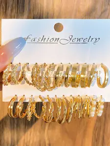 12 Pairs Mixed Shape Elegant Faux Pearls Decorated Hoop Earrings Set, Alloy Twist Decor Hoop Earrings, Fashion Accessories for Women & Girls, Fashionable Jewelry, Trendy Jewelry
