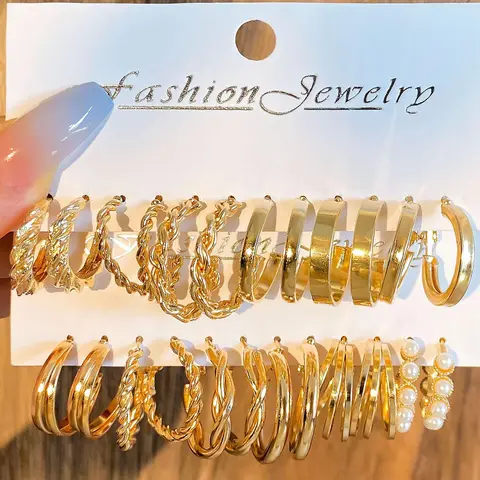 12 Pairs Mixed Shape Elegant Faux Pearls Decorated Hoop Earrings Set, Ear Hoops, Alloy Twist Decor Hoop Earrings, Fashion Accessories for Women & Girls, Fashionable Jewelry, Trendy Jewelry, Hoop Earring Sets