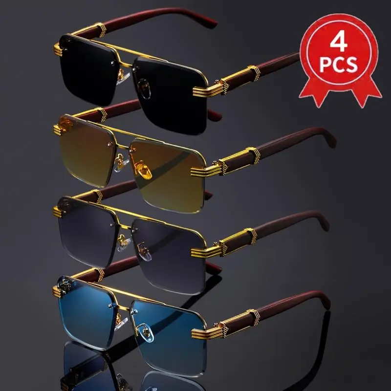 Unisex 4-Piece Vintage Stylish Retro Square Sunglasses, Oversized Double Bridge Lightweight Eyewear, Classic Versatile Frames for Party & Casual Wear, Men's Women's Fashion Accessories, Vintage Sunglasses, Stylish Sunglasses
