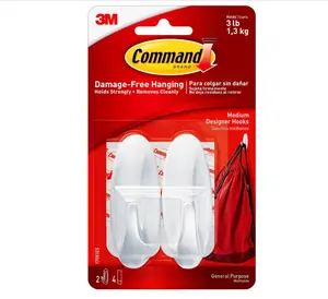 Medium Designer Hooks, Damage Free Hanging Wall Hooks with Adhesive Strips, No Tools Wall Hooks for Graduation Decorations, 2 White Hooks and 4 Command Strips