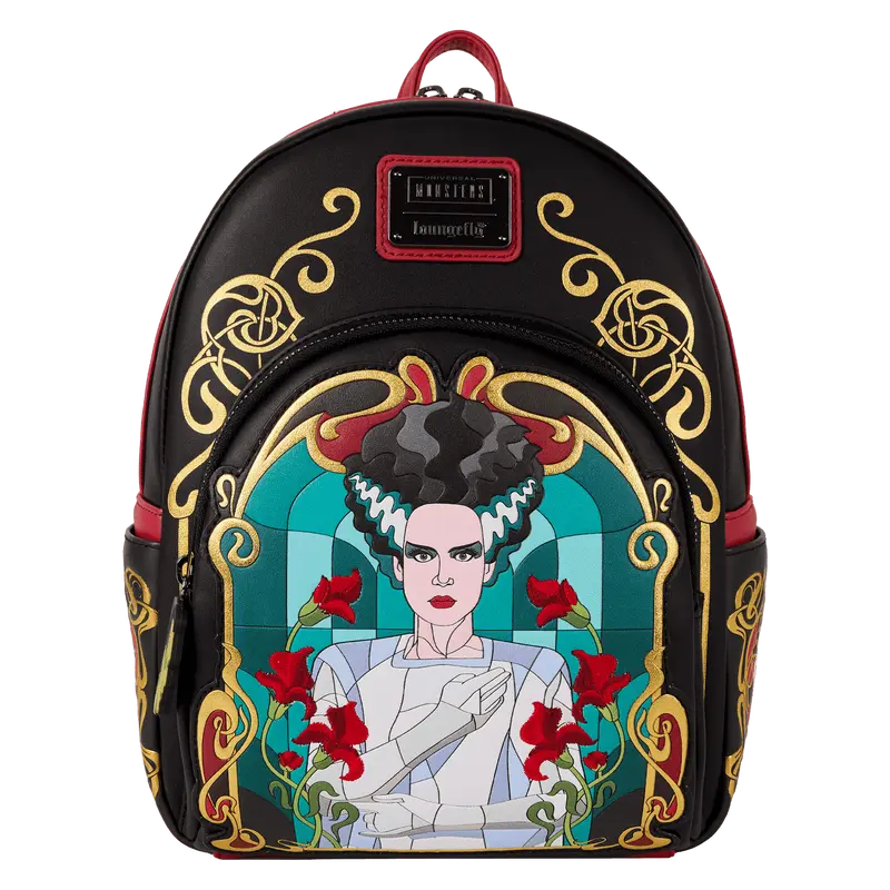 Loungefly Universal Monsters The Bride of Frankenstein Stained Glass Mini Backpack, Artsy Bag, Gold-Embroidered Bag Design Collectible Backpack