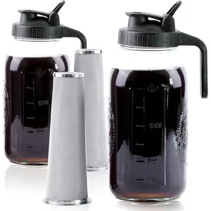 Cold Brew Coffee Maker 64 Oz 2 Set Half Gallon Wide Mouth Mason Jar Glass Pitcher With Pour Spout Lids & Strainer For Fridge Iced Coffee Lemonade Cold Brew Milk