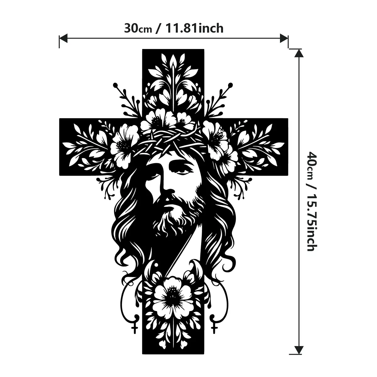 Religious Jesus Floral Cross Metal Wall Sculpture - 30cm x 40cm Traditional Matt Ornament, Lightweight Rust-Proof Scratch-Resistant Cross Design Hanging, Church Decor Spiritual Collectibles Decoration for Bedroom Living Room