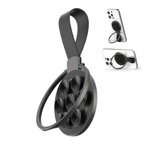 Magnetic Phone Ring Holder with Selfie Mirror, Suction Strap, Finger Ring Grip and Kickstand Mount, Compatible with iPhone, Android, and Smartphone