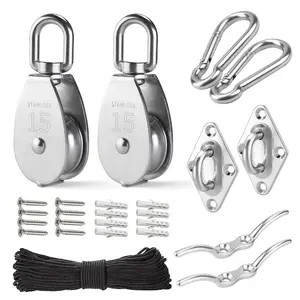 M15 Stainless Steel Pulley System Kit-Heavy-Duty Pulley Wheel, Pulley Block with Nylon Rope, Hooks, Eye Pad Plate, and Rope Cleat - Ideal for Lifting, DIY Projects, and Clothesline (2 Pack)