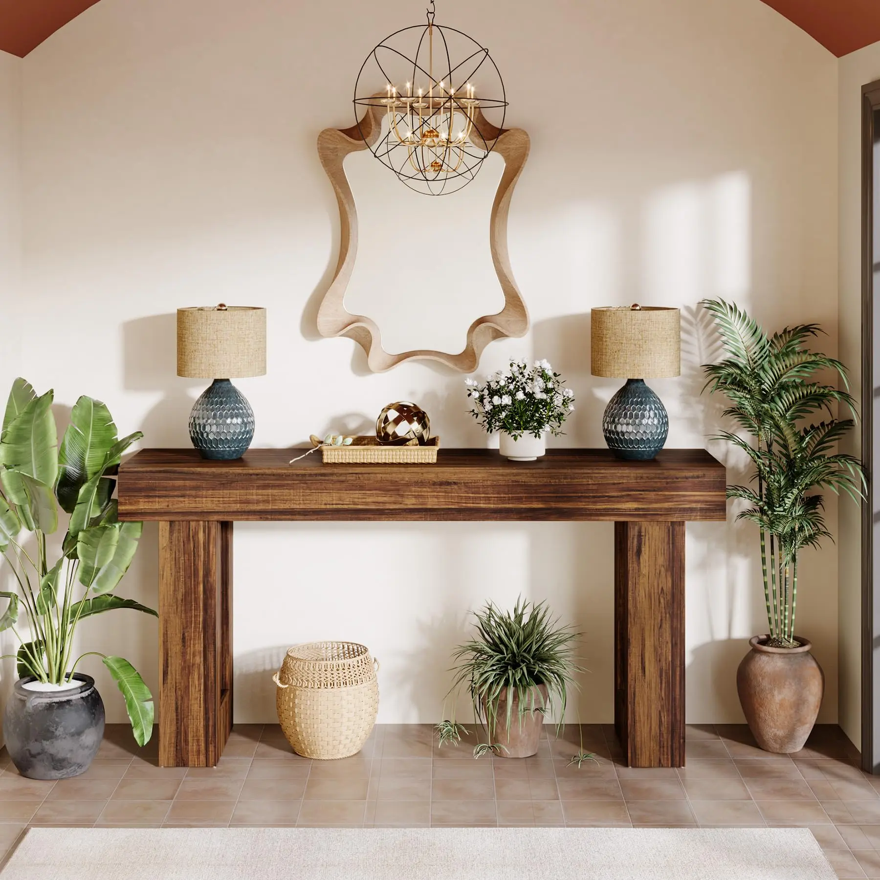 Rustic Brown Farmhouse All-Wood Pedestal Console Table - 63 in Long Narrow Indoor Furniture, Ideal for Home Entryway Decor, Living Room Tables, All-Wood Pedestal Tables
