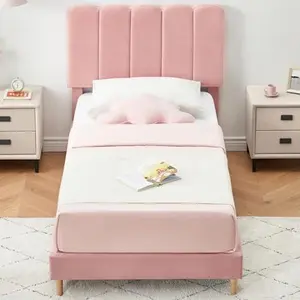 【GARVEE】Twin Size Velvet Upholstered Platform Bed Frame with Headboard and Strong Wooden Slats, Noise-Free and Easy Assembly, Pink