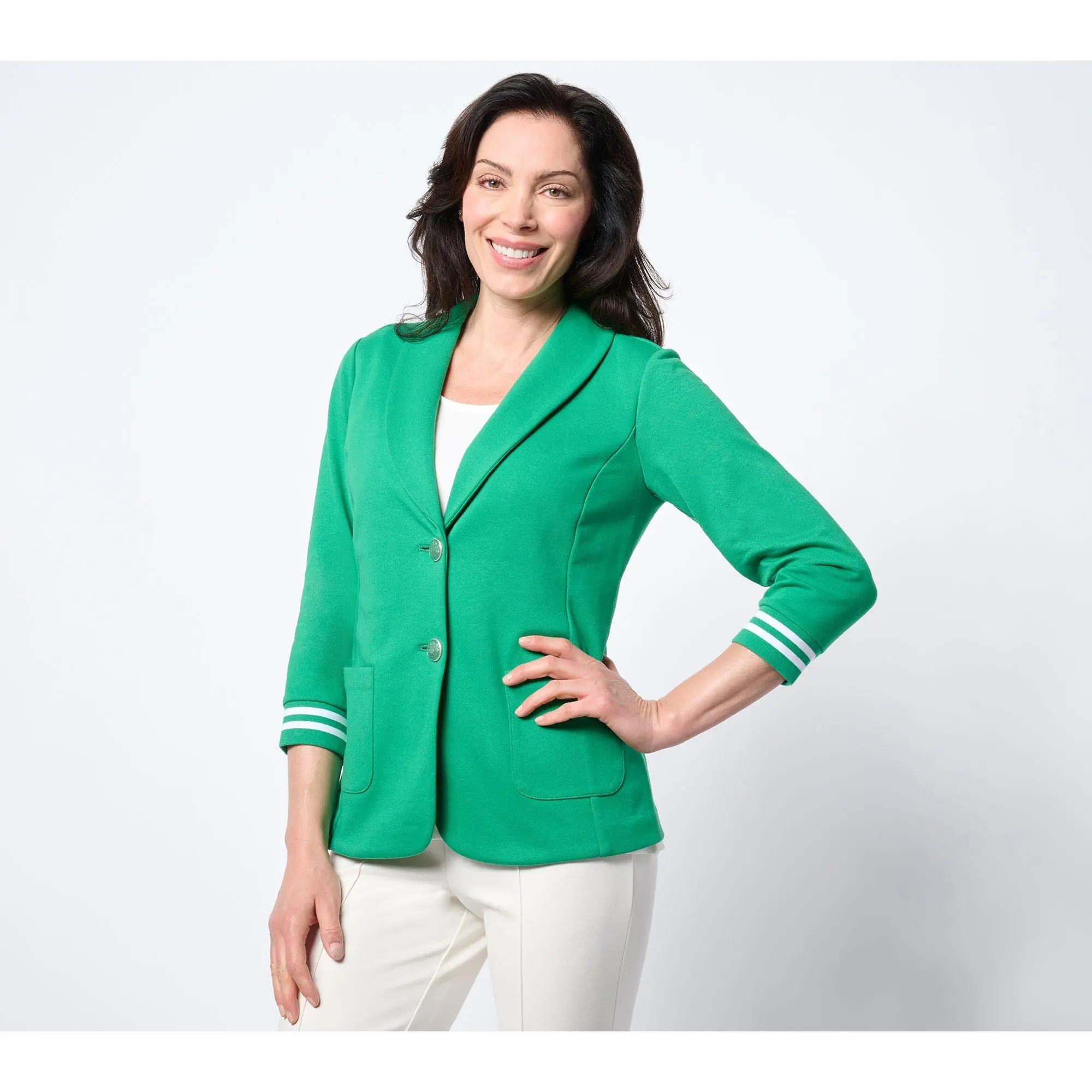 Susan Graver Weekend Marina Knit 3/4-Sleeve Blazer with Rib Knit Cuffs