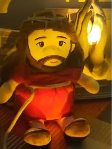 Calming Sleep Jesus Doll Breathable Gift Plush Toy with Red Robe and Crown of Thorns Soothing Breath Sounds for Better Sleep