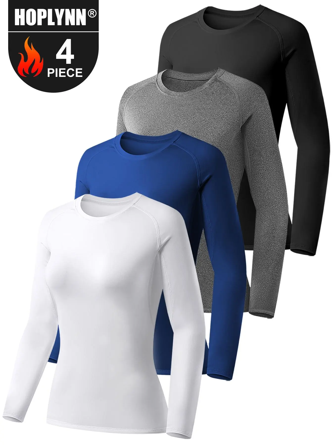 HOPLYNN 4-Pack Women's Compression Shirts, Long Sleeve Quick Dry Baselayer with Moisture Wick, 4-Way Stretch All Season Activewear, Compression Shirt Women, Polyester Clothes