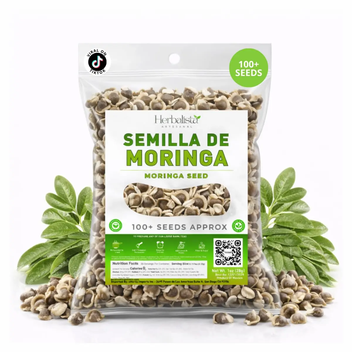 Herbalista - Semillas de Moringa | 1 oz (28 g) Aprox. 100+ semillas | Variedad PKM1 premium | Bocadillos y plantación | Sin OMG | Árbol de baqueta silvestre (Malunggay) | Moringa Oleifera Semillas
