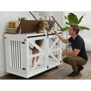 47.2" Mobile Dog Crate with Flip-Top Feeding Door, Dual-Access & 5 Caster System (2 Locking), Side Hooks - Multi-Functional Pet Kennel,double dog crate furniture