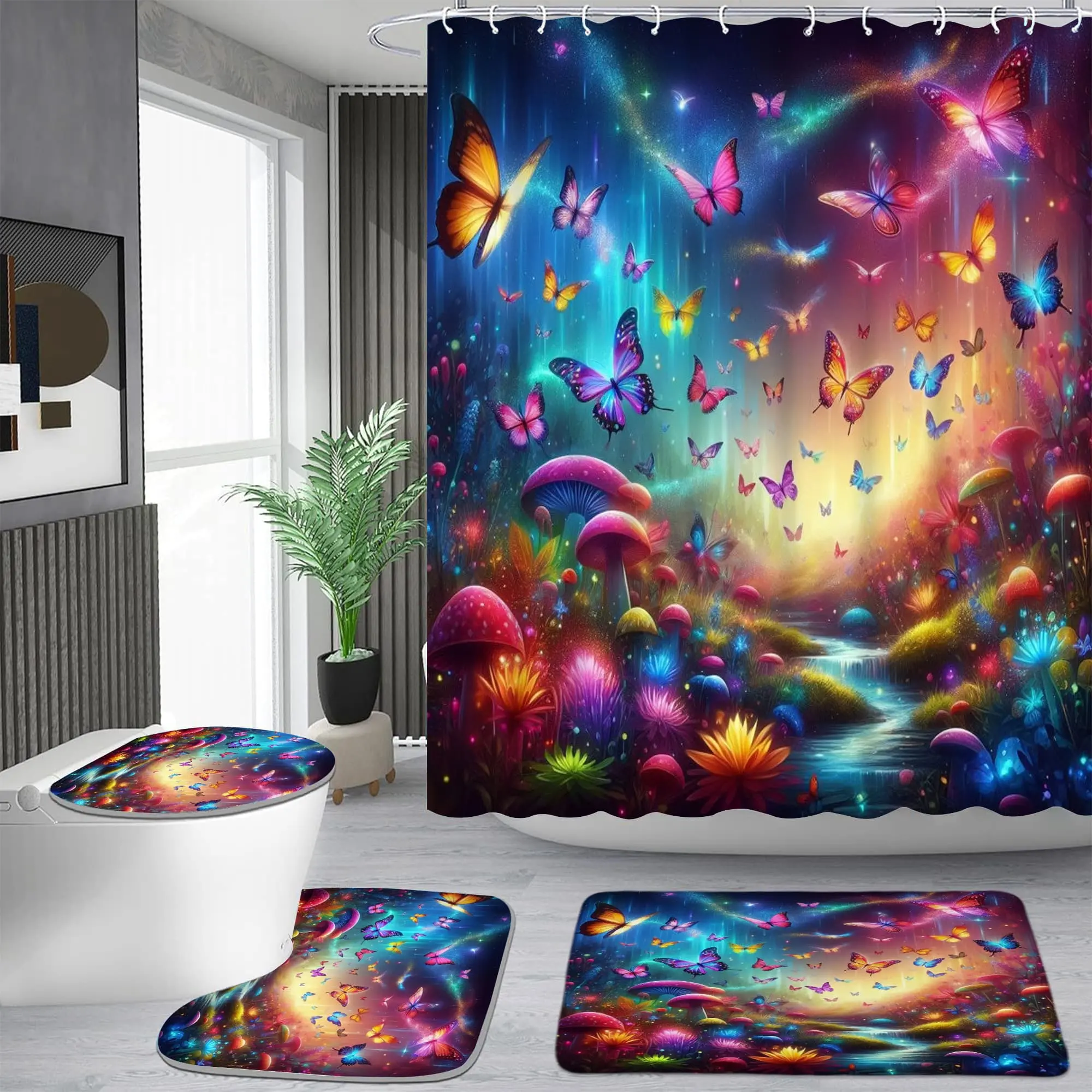 Symphony butterfly mushroom forest pattern shower curtain set, waterproof shower curtain with 12 hooks, non-slip bathroom carpet, toilet U-shaped cushion, toilet seat cover cushion, bathroom shower curtain set, perfect moving gift.